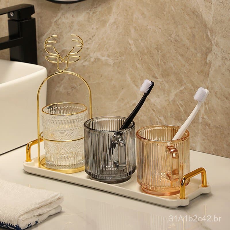 Conjunto de copos de vidro de luxo para enxaguante bucal para uma família de três pessoas, conjunto de copos para escova
