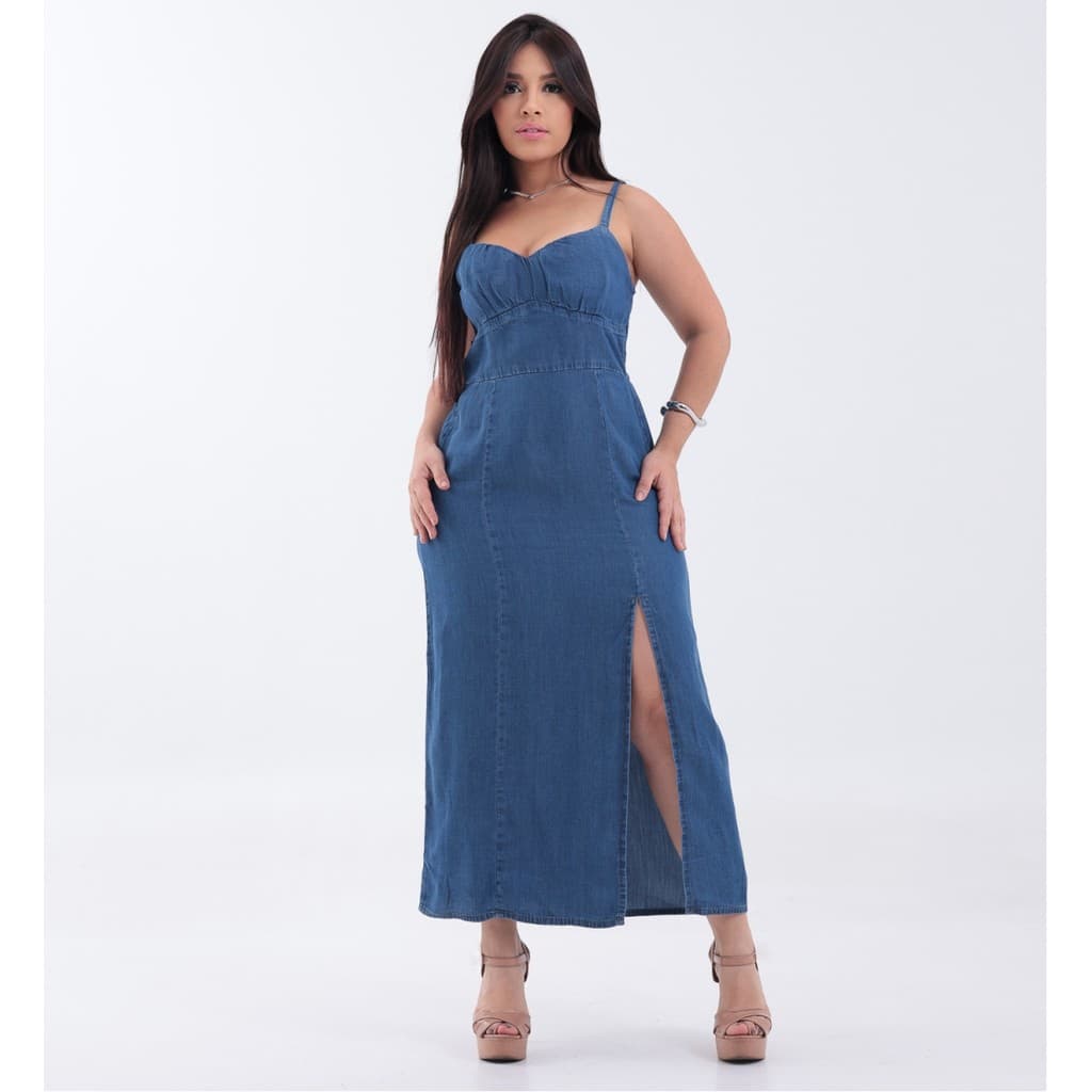 Vestido Jeans Midi com Fenda Cambos
