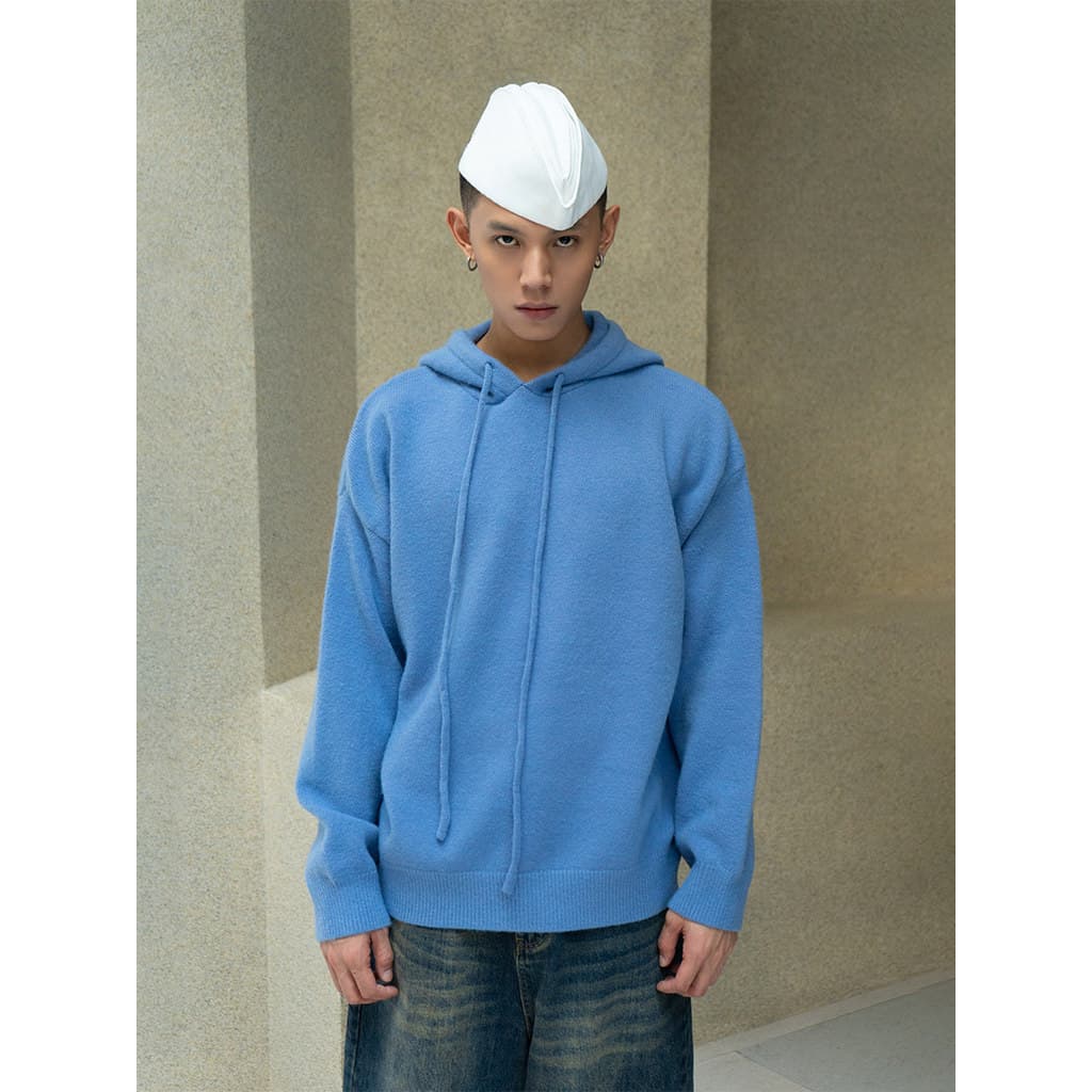 CLP Suéter de lã com capuz azul branco suéter masculino solto Casual manga ombro caído cordão