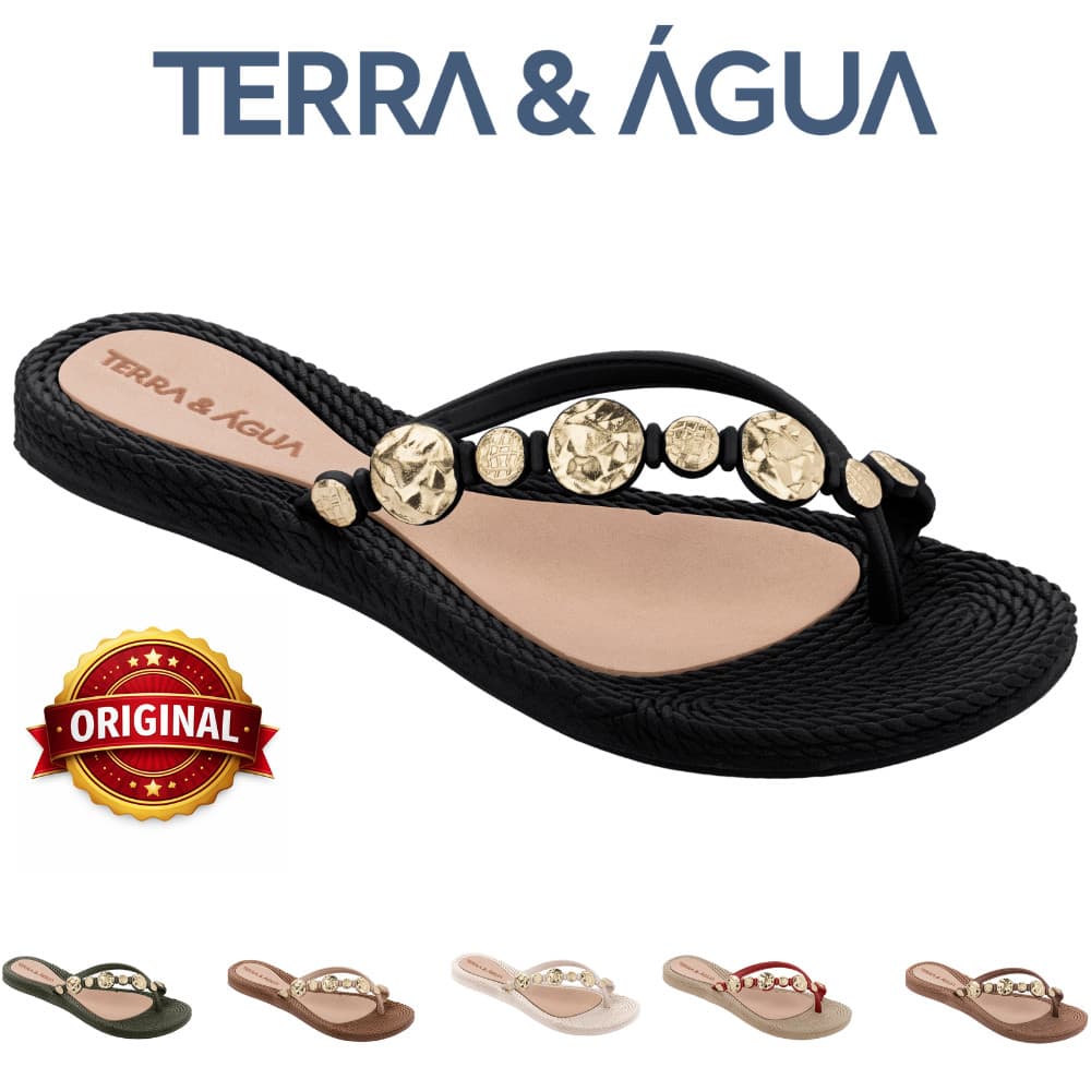 Chinelo Terra & Água Rasteirinha Pingentes Dourados Trançada Feminina Vegano Praia 260911