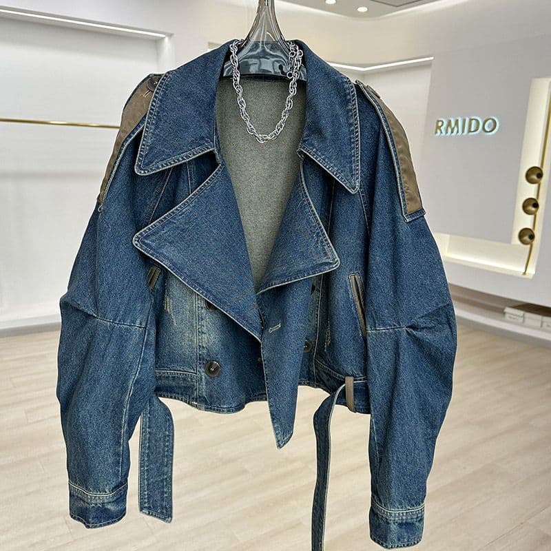 Retro angustiado couro Denim jaqueta curta feminina Design nicho Casual solto pequeno curto estilo ocidental topo