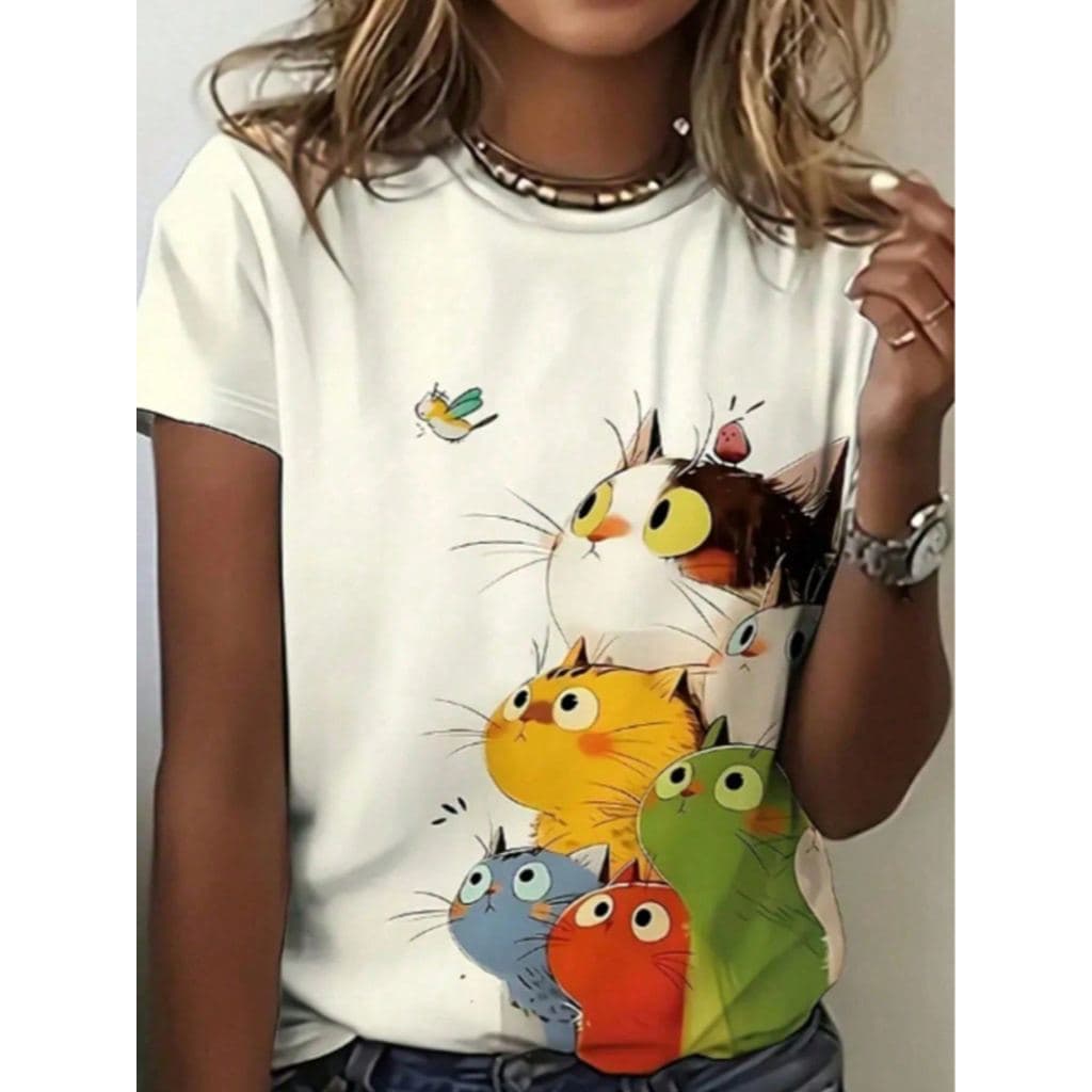 Camiseta Feminina de Gola Redonda Estampada com Gatos Fofos, Moda T-shirt Feminina com Estampa de Gatos Fofos