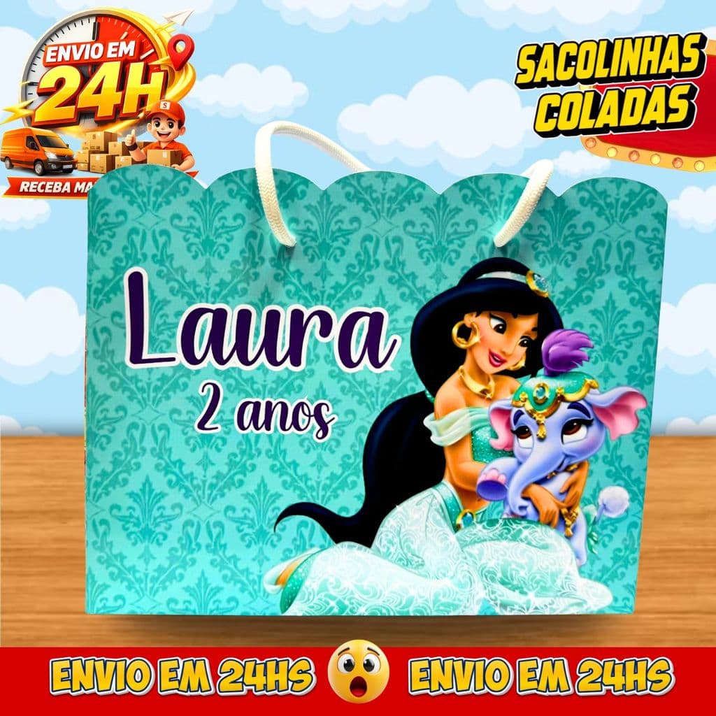 Sacolinhas Jasmine Personalizadas - Lembrancinhas Infantil Dinossauro Premium com Nome e Idade