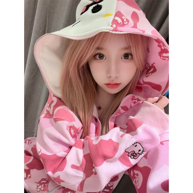 Jaqueta Feminina Casual Solta Versátil de Manga Longa com Capuz e Estampa Hello Kitty para Primavera e Outono LRB3