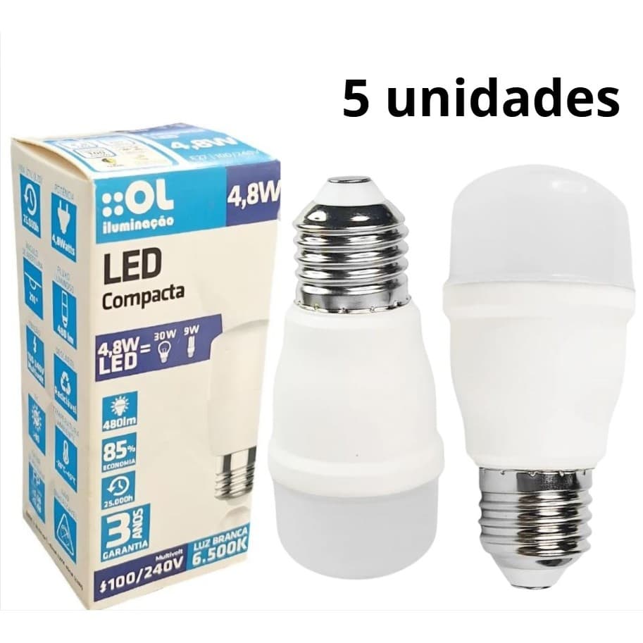 kit 5 Lâmpada Compacta Led Sorvete 4.8W 6500k Bivolt E27 Branco Frio