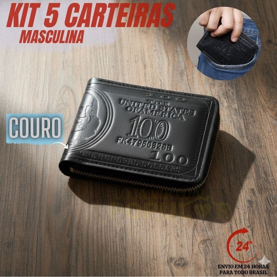 Kit 5 Unidades Carteira Masculina Preta Com Zíper Porta Moedas Cartão