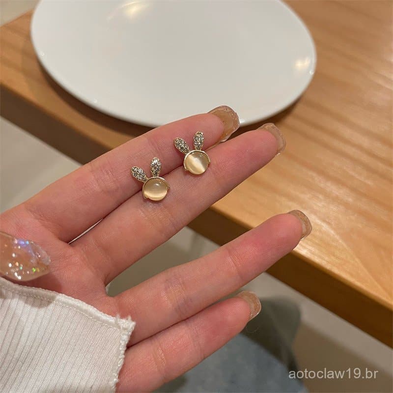 Brincos de prata S925 para mulheres com pedra olho de gato, design de coelho fofo, novos brincos com strass, joias de al