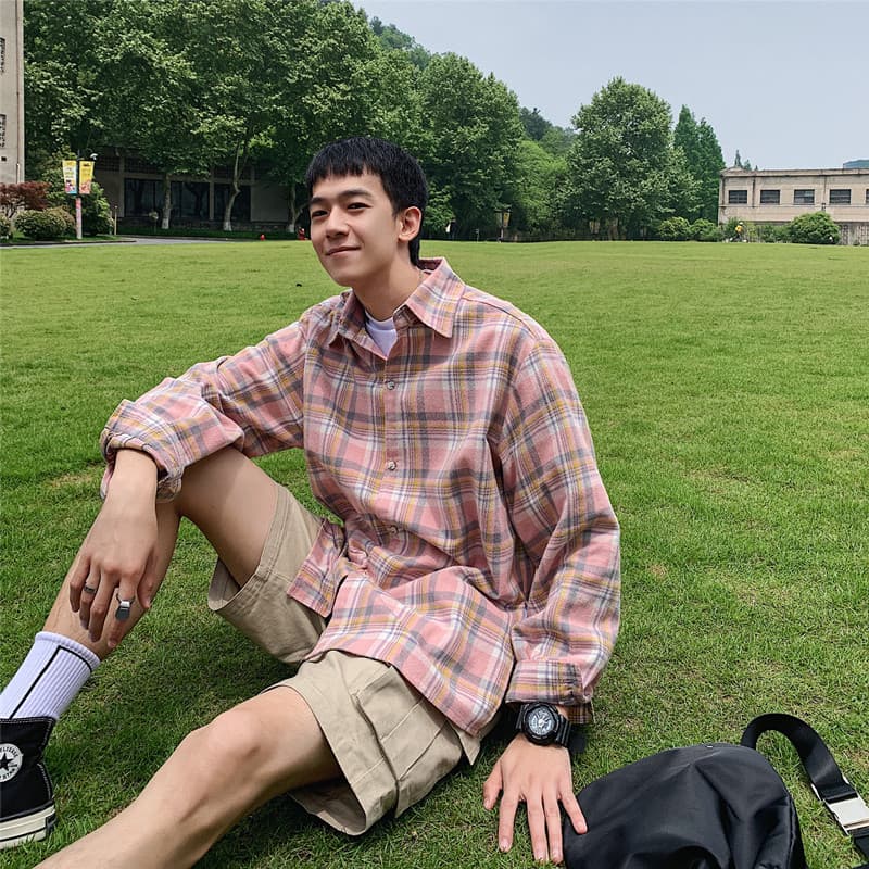 Camisa xadrez muito fada versão coreana preguiçoso estilo Hong Kong masculino All-Match rufião bonito camisa ins na moda
