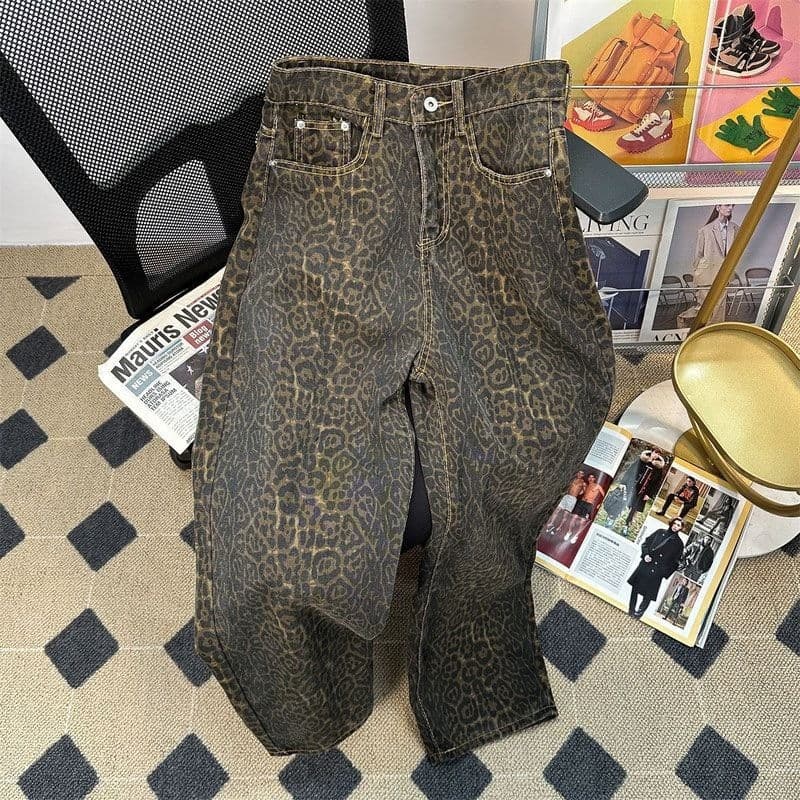 Calças Jeans Largas com Estampa de Leopardo Vintage para Homens, Marca de Moda, Estilo Urbano, Calças Longas Ca 6645
