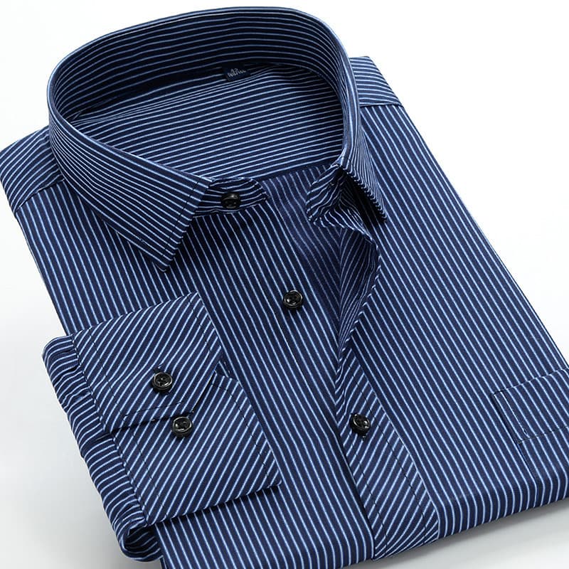 Pai wear primavera outono novo estilo de meia-idade idosos masculino de manga comprida azul real listrado camisa masculi