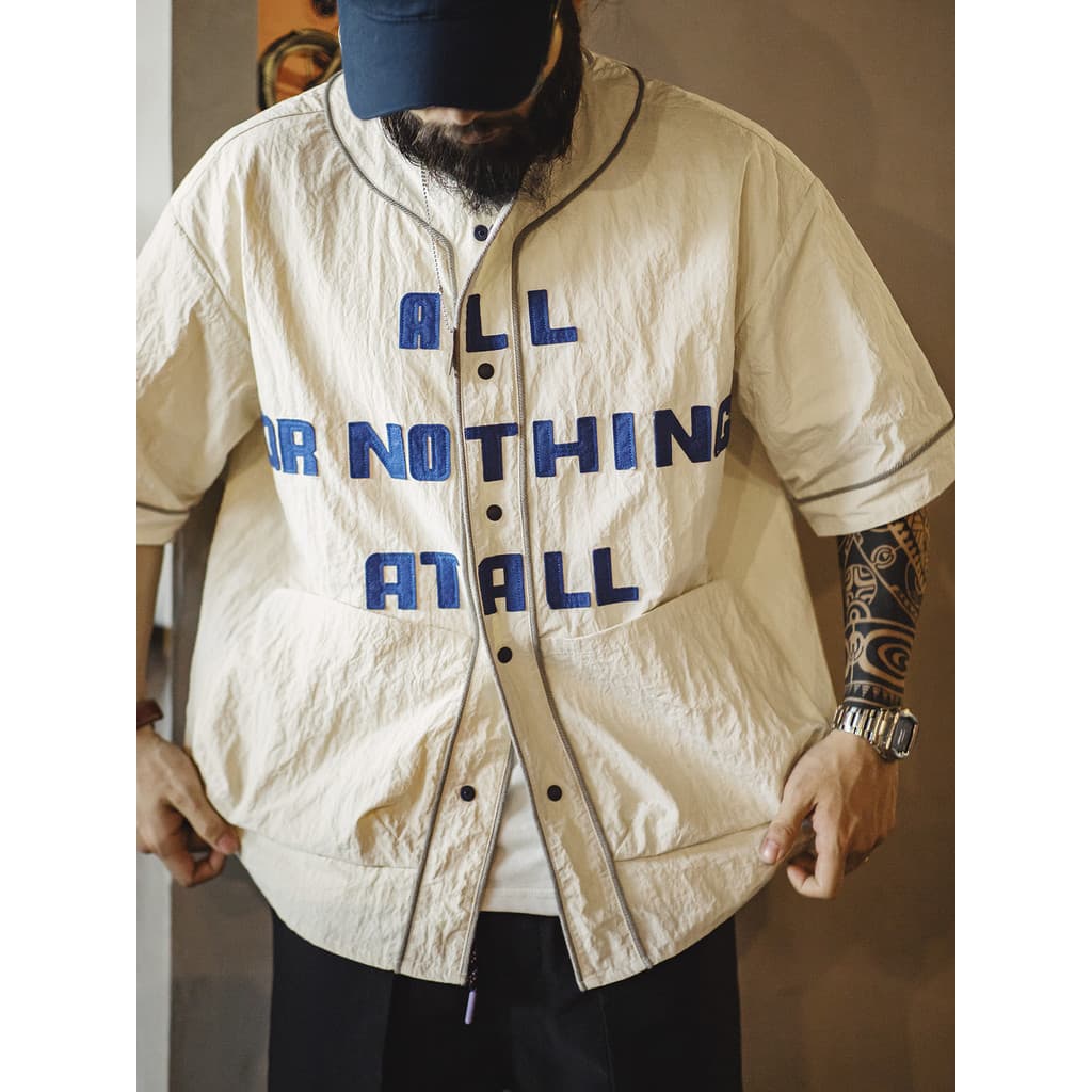 Moderno ferramentas americano Retro enrugado gola de beisebol camisa vibe esportes carta de manga curta Cardigan camisa