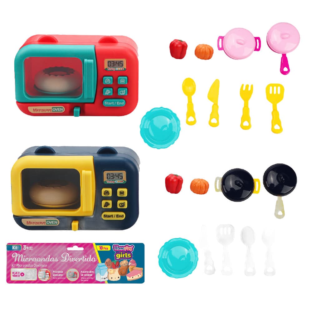 kit Cozinha Colorida Com 11 Peças Infantil, tem Microondas Com Acessórios