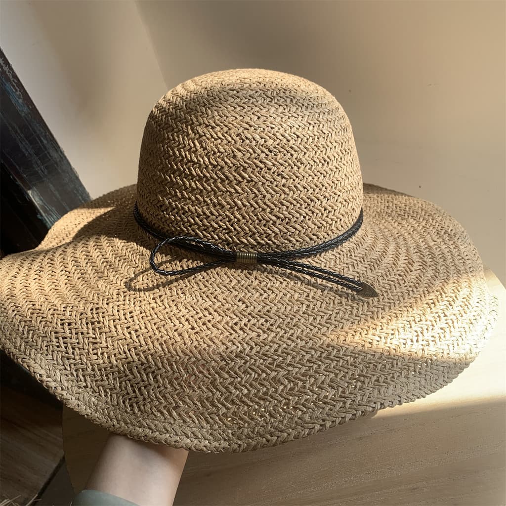 Chapéu de sol de aba grande tecido à mão chapéu de palha feminino verão praia férias chapéu de sol chapéu superior chapé