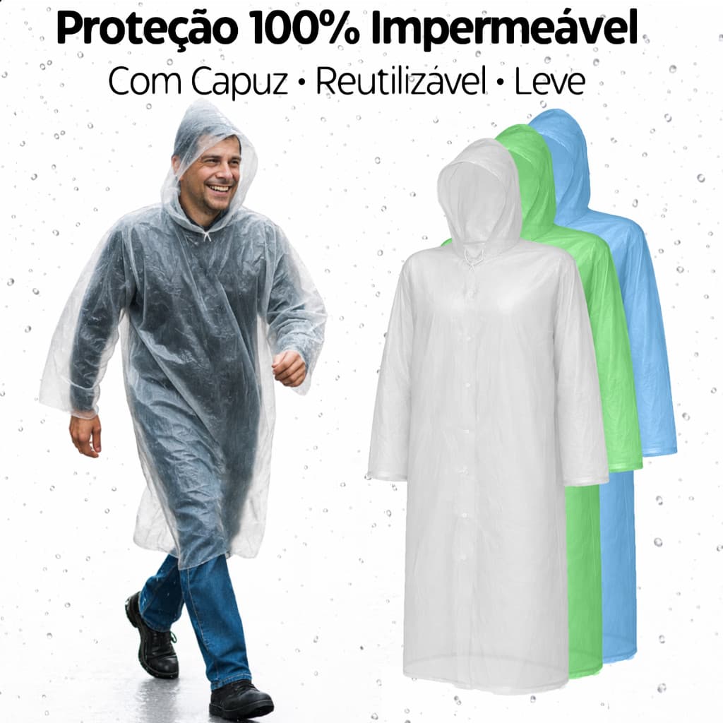 Capa Chuva Transparente para Adulto Impermeável Reforçada Resistente Contra Água Vento