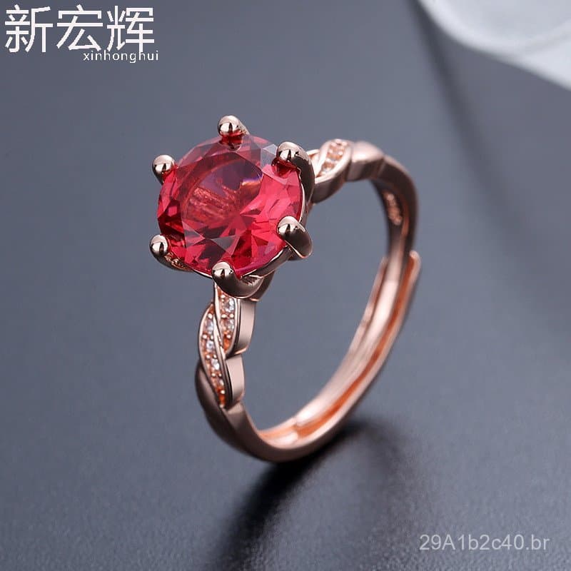 Anel de luxo de alta qualidade com turmalina vermelha simulada e seis garras para mulheres, anel com pedra preciosa verm