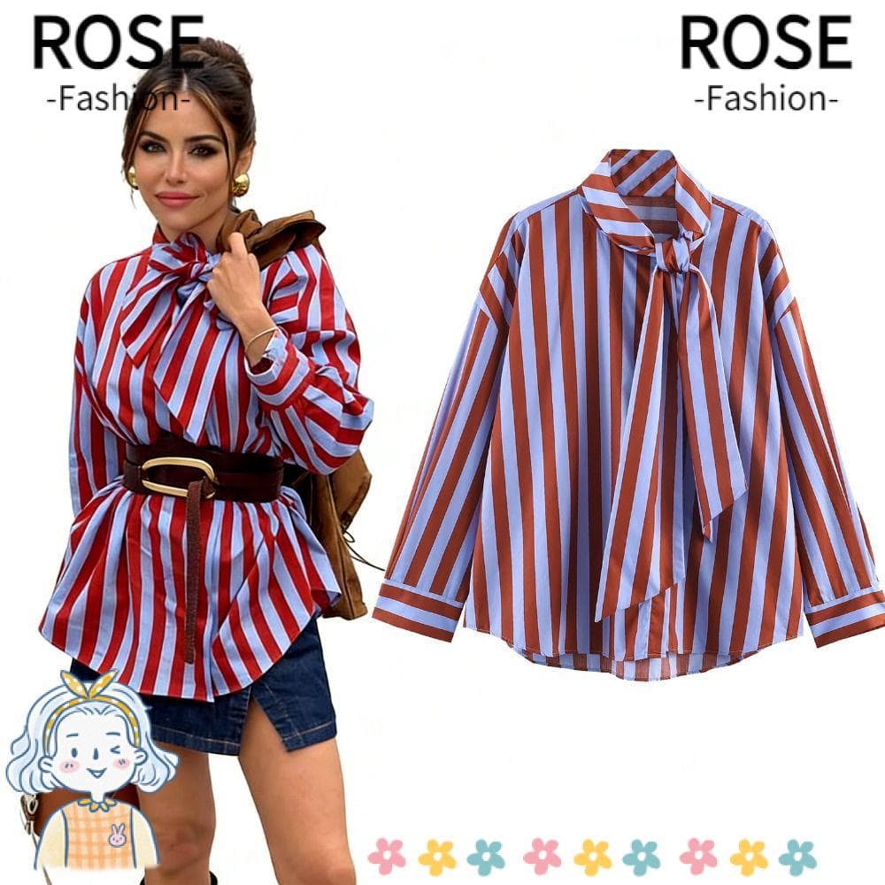 Camisa Listrada ROSEGOODS , Blusa Feminina Contrastante Com Design Simples , Camisas Femininas Peito Único