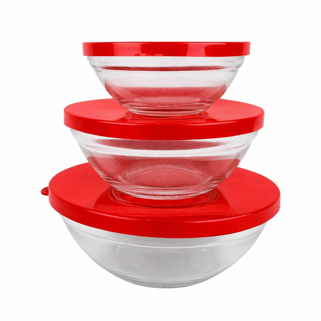 Conjunto 3 Potes Tigela  De Vidro Tampa Vermelho - Tamanhos 230-330-500ML