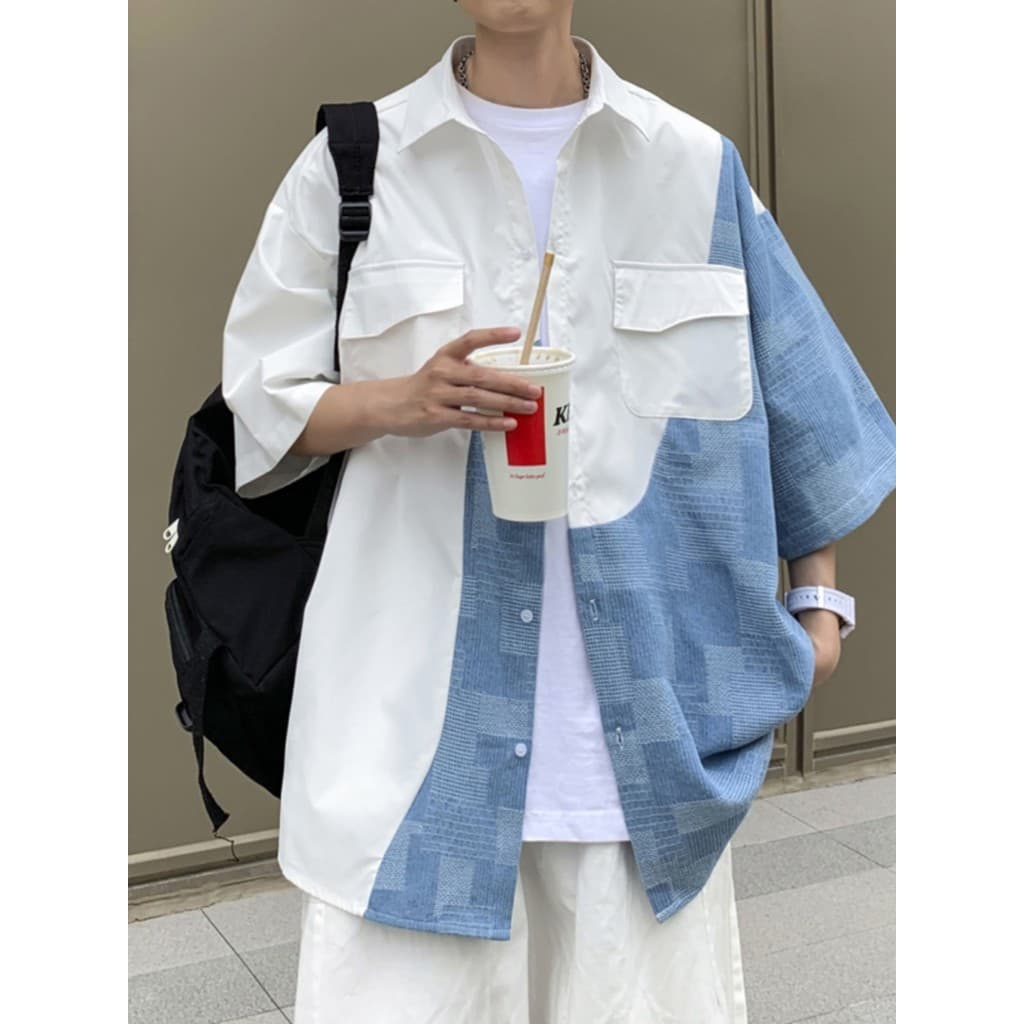 Cleanfit camisa de manga de três quartos com costura xadrez azul claro masculina primavera verão jaqueta fina camisa de