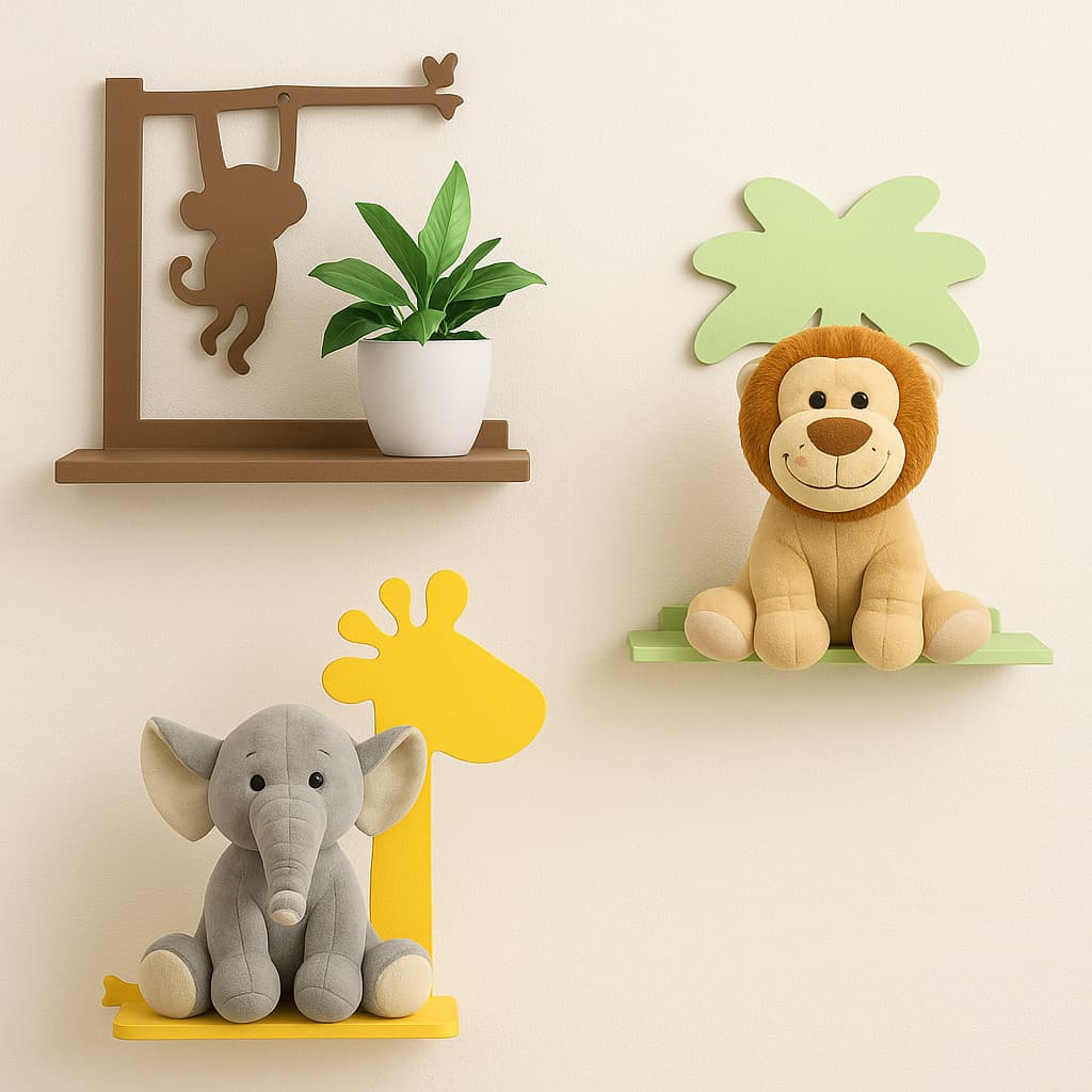 Prateleira Safari Em MDF Trio Selva Animais MDF Para Quarto Decorativo Bebê