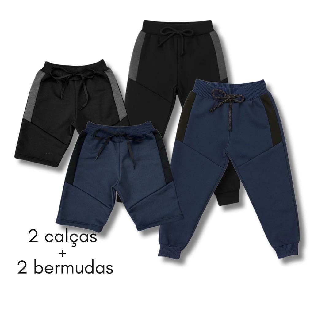 Kit com 2 Calças e 2 Bermudas Moletinho Infantil Uniforme Escola Cadarço e Elástico Dia a Dia