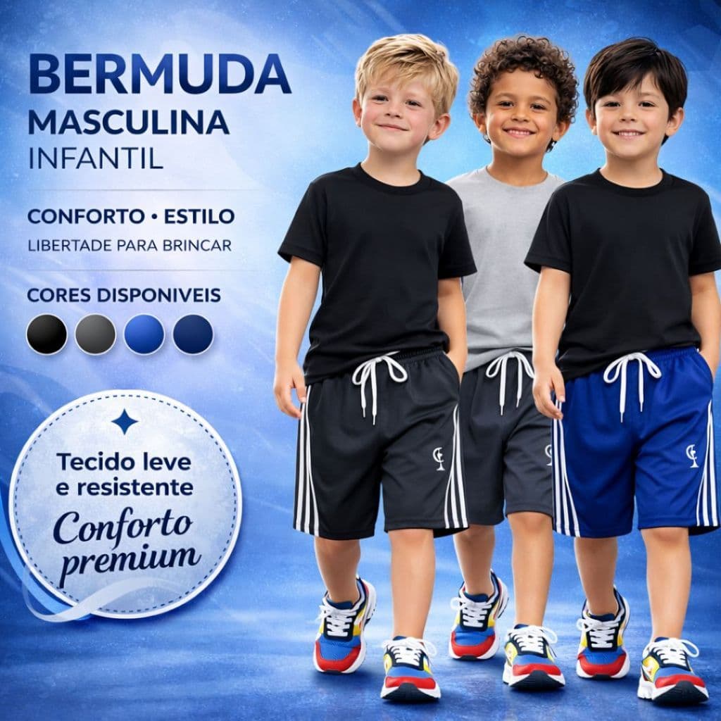 Bermuda Infantil Menino Juvenil Kit 3 Peças Colégio Esporte Escolar