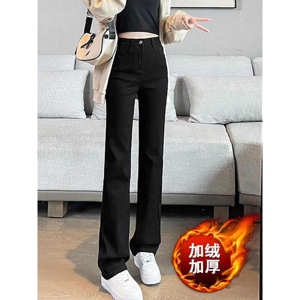 Preto mais veludo engrossado tamanho grande Jeans retos feminino outono pequena cintura alta reta cigarro calças feminin