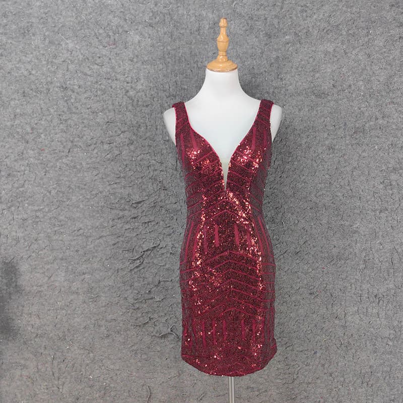 Curto curto lantejoulas magro-ajuste Hip vestido com decote em v Casual todos os dias mais magro olhar All-match vestido