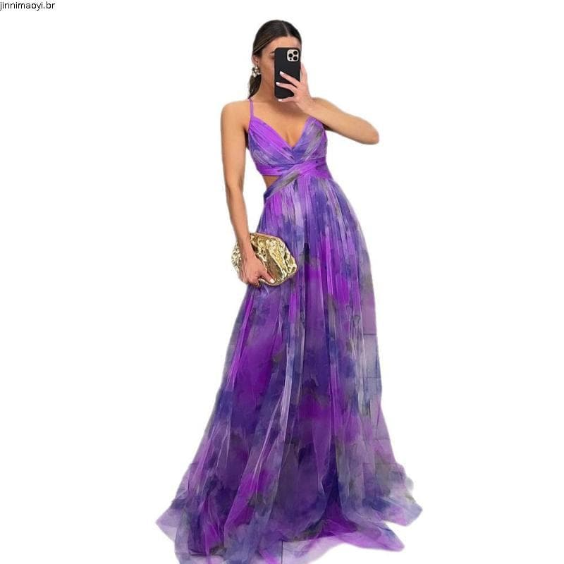 Vestidos Femininos Com Estampa De Suspensório Decote Em V Vestido De Festa De Cintura Alta Malha