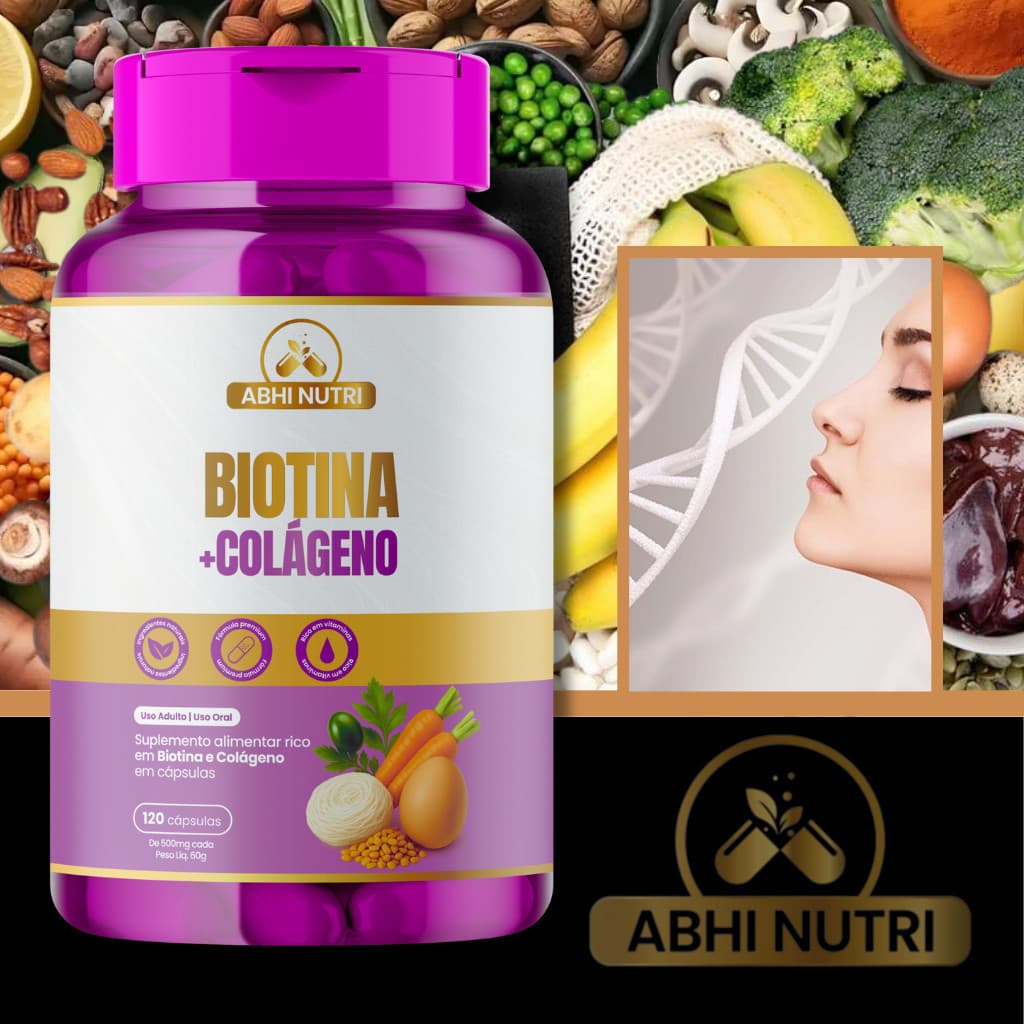 Biotina + Colágeno - 120 Cápsulas de 500 mg - Kits Com 1, 2 e 3 Frascos. ABHI Nutri