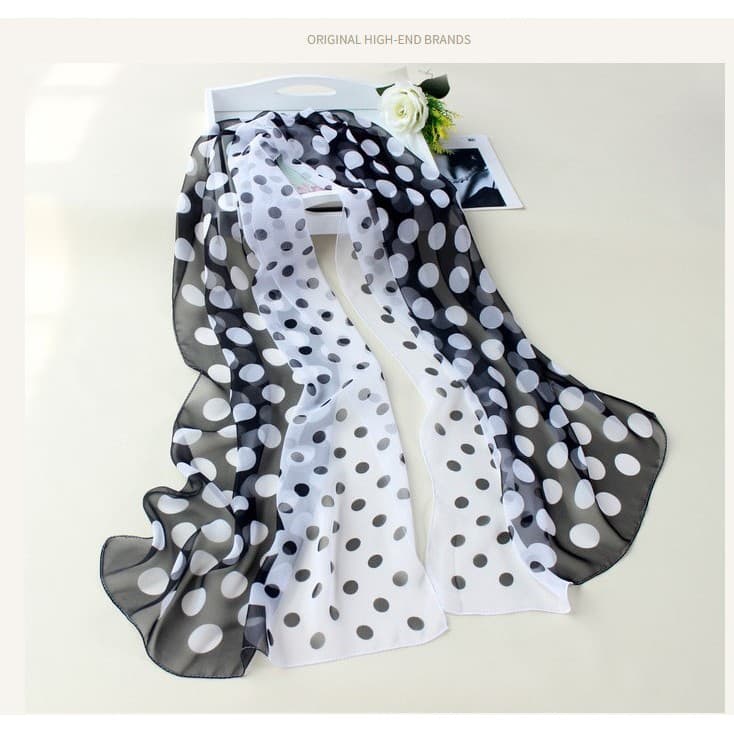Preto branco grande pequeno Polka Dot lenço de seda George fio cachecol feminino primavera verão gaze estilo fino primav