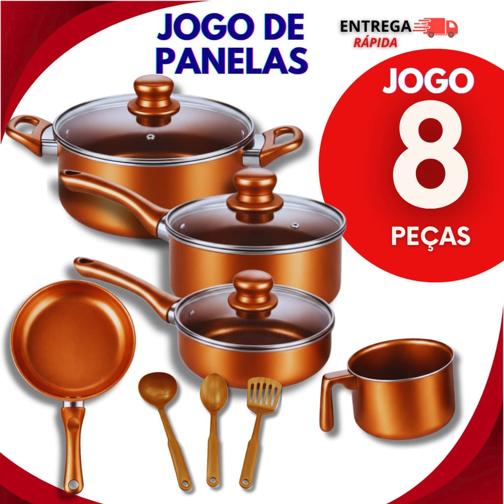 Jogo Kit De Panelas Caçarolas com Tampa Vidro Antiaderente Leiteira e Frigideira  Estilo Cobre + Utensílios