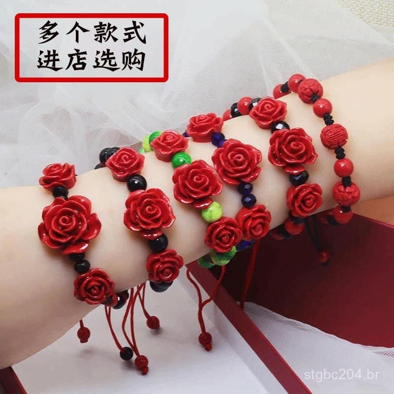 Pulseira de flor rosa esculpida em laca e cinábrio, atacado para mulheres, artesanato étnico, feira de templos, presente