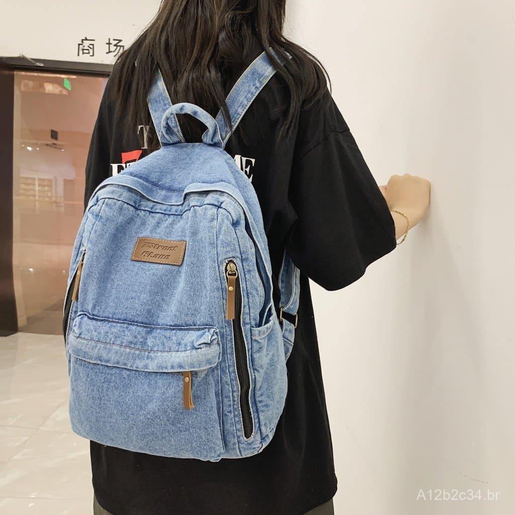 Mochila Simples e Moderna de Grande Capacidade em Denim Durável para Estudantes do Ensino Fundamental, Médio e Superior
