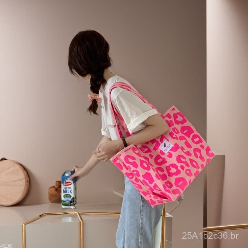 1541 Bolsa Tote Estilosa Rosa com Estampa de Leopardo, Grande Capacidade, Bolsa de Ombro com Estampa Animal para Estudan