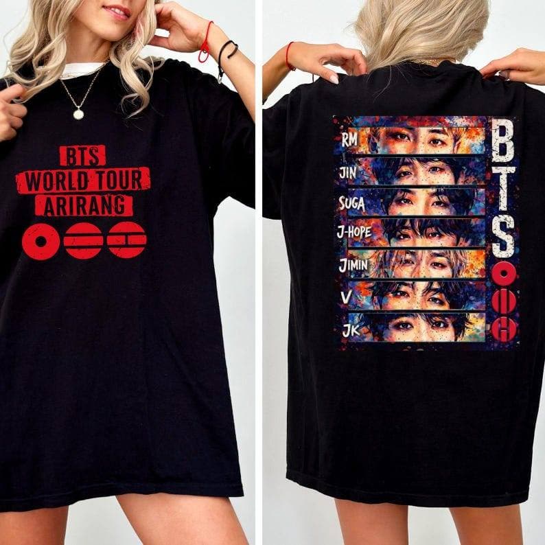 2026 Camiseta Oversized Preta Unissex, Design BTS World Tour Arirang com Rostos dos Membros, Estilo de Fã-Clube