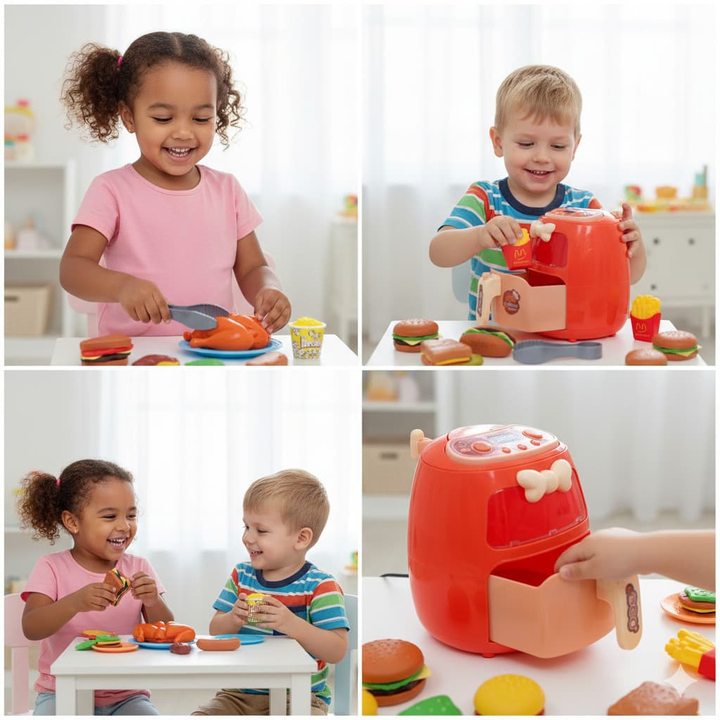 Kit Mini Air Fryer Infantil Cozinha Mini Alimentos Brinquedo Educativo Ludico Luzes Acessorios