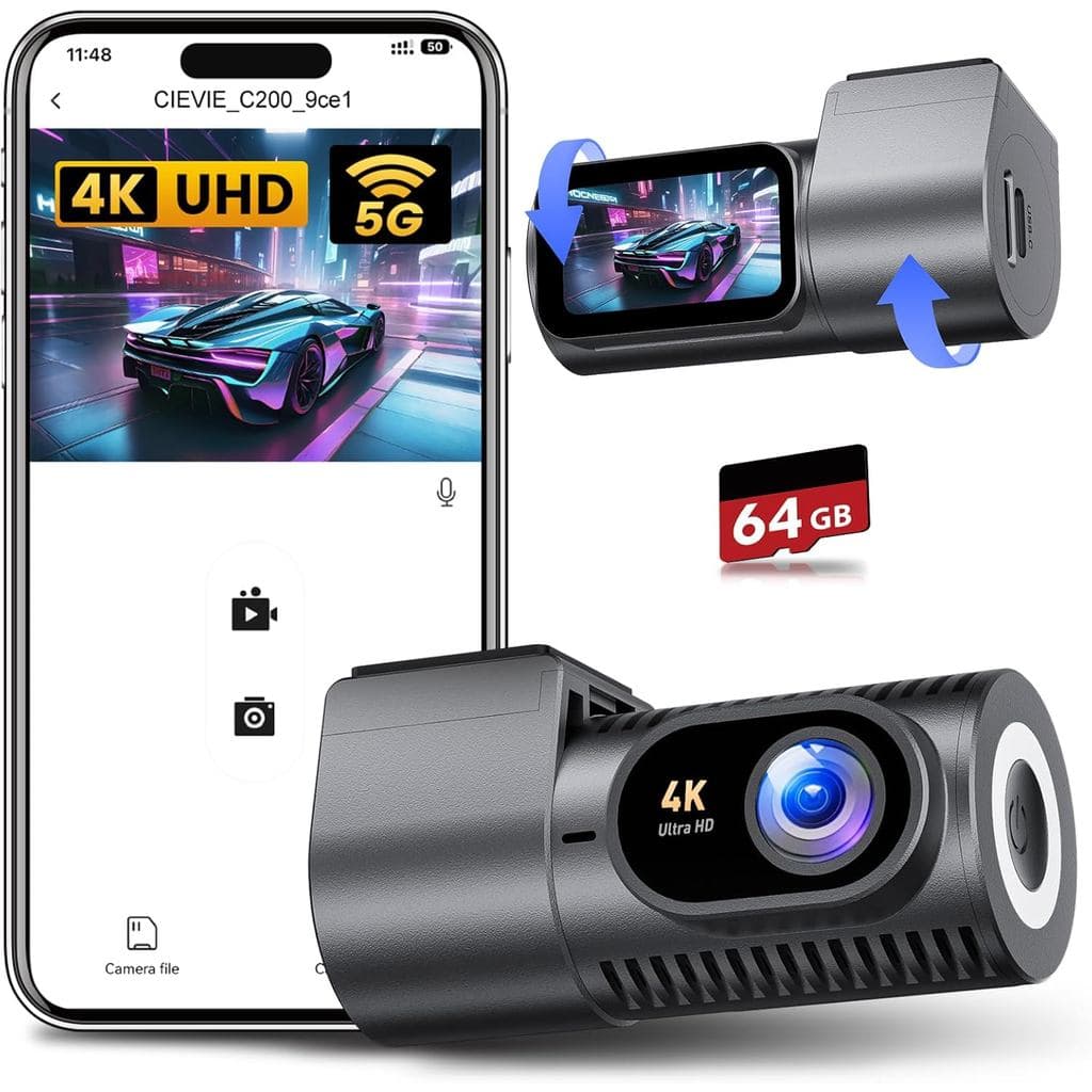 Câmera Frontal 4K - Tela IPS de 1,5" & WiFi 5G & Cartão de 64GB, 360 °   Mini Câmera Veicular Rotativa, Câmera para Carr