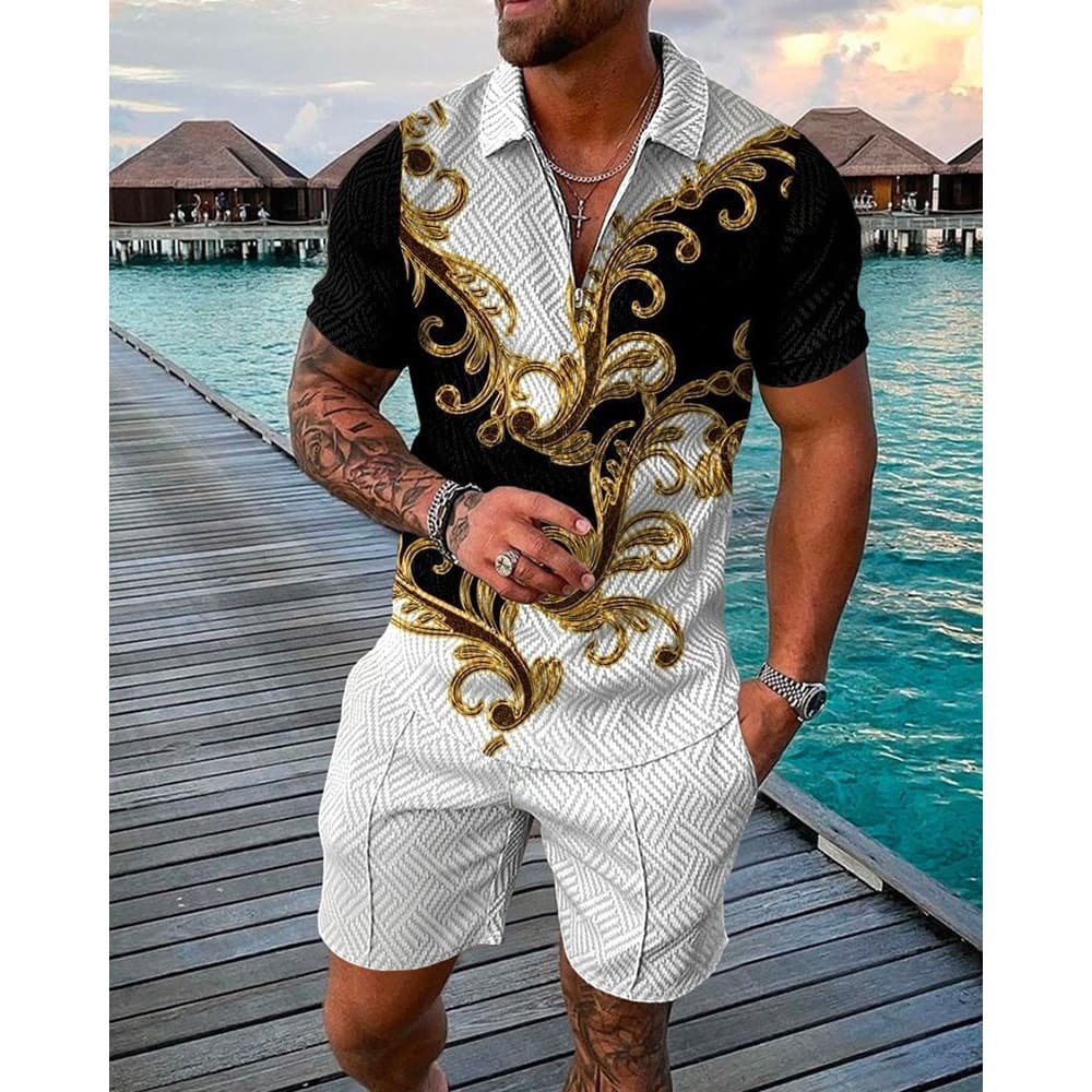 Large size men's polo shirt casual mesh zipper T-shirt men's urban fashion short sleeved shorts set