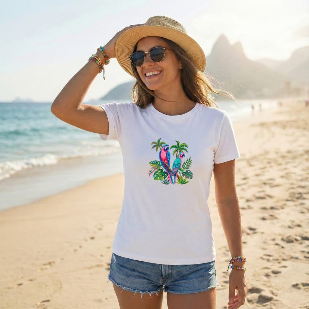 Camiseta Feminina Algodão Estampa Araras Tropicais