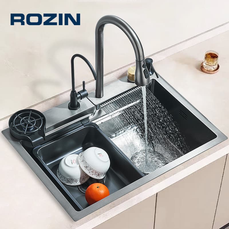 Kit Cuba Gourmet Cozinha Pia Cascata Premium 60*45 *22CM Torneira Lavador Copos Completa cinza