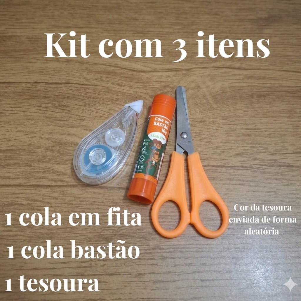 Kit Papelaria Essencial | Cola Bastão + Cola em Fita + Tesoura Pequena | Journal | Scrapbook