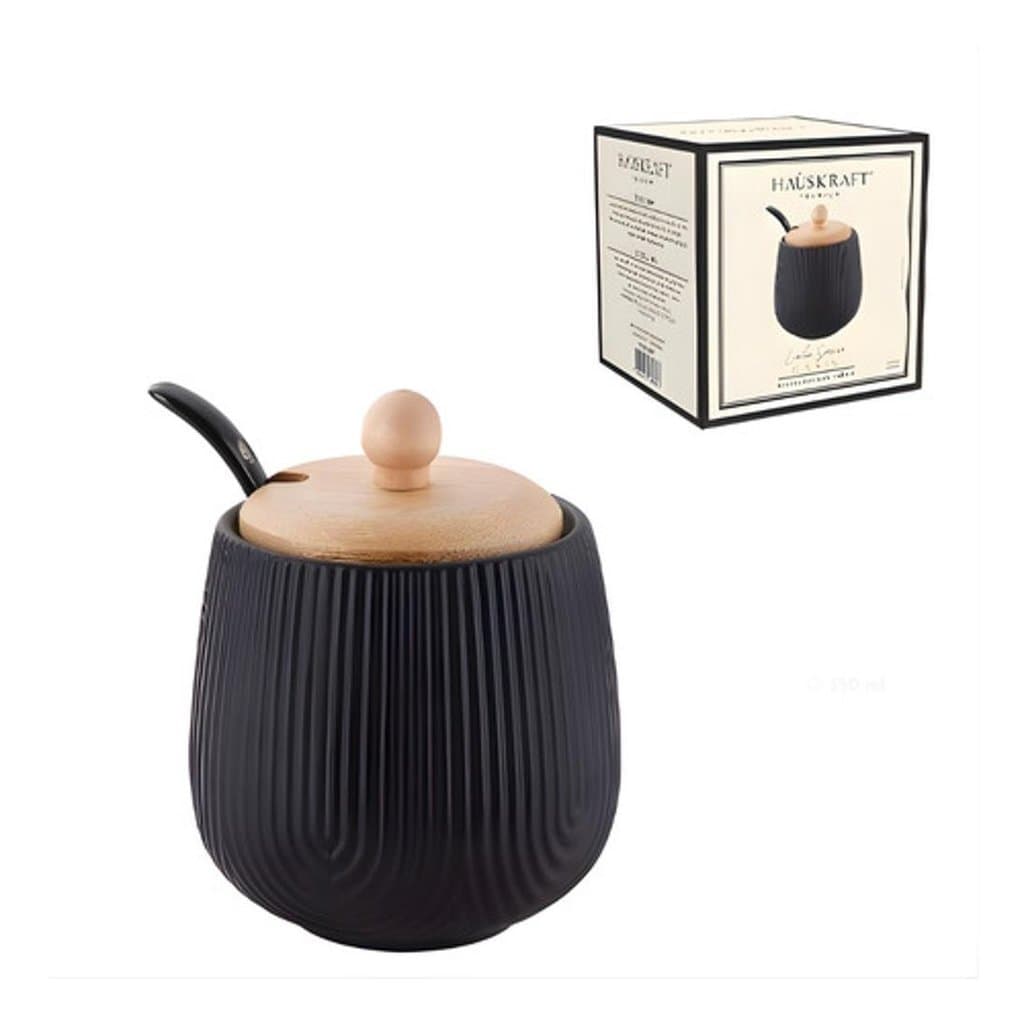 Açucareiro Preto Premium Design De Luxo 360ml Tampa De Bambu Preto