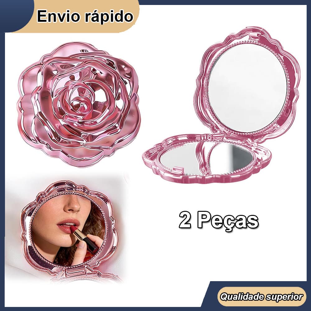 Espelho de maquiagem redondo rosa estilo espelho de maquiagem requintado espelho de viagem 6.3x6.3cm rosa conjunto de 2