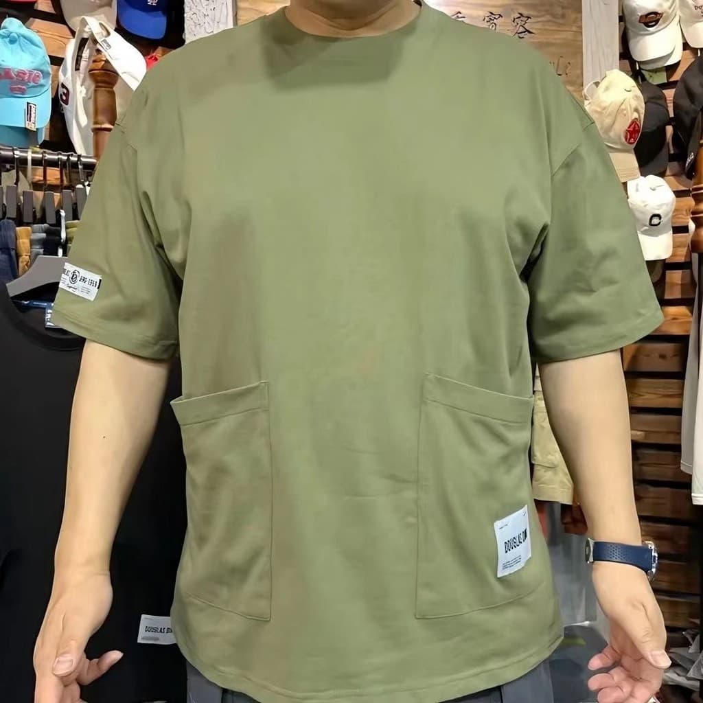 Verão Multi-bolso puro algodão manga curta camiseta masculina comércio exterior solto All-Match Casual Bo
