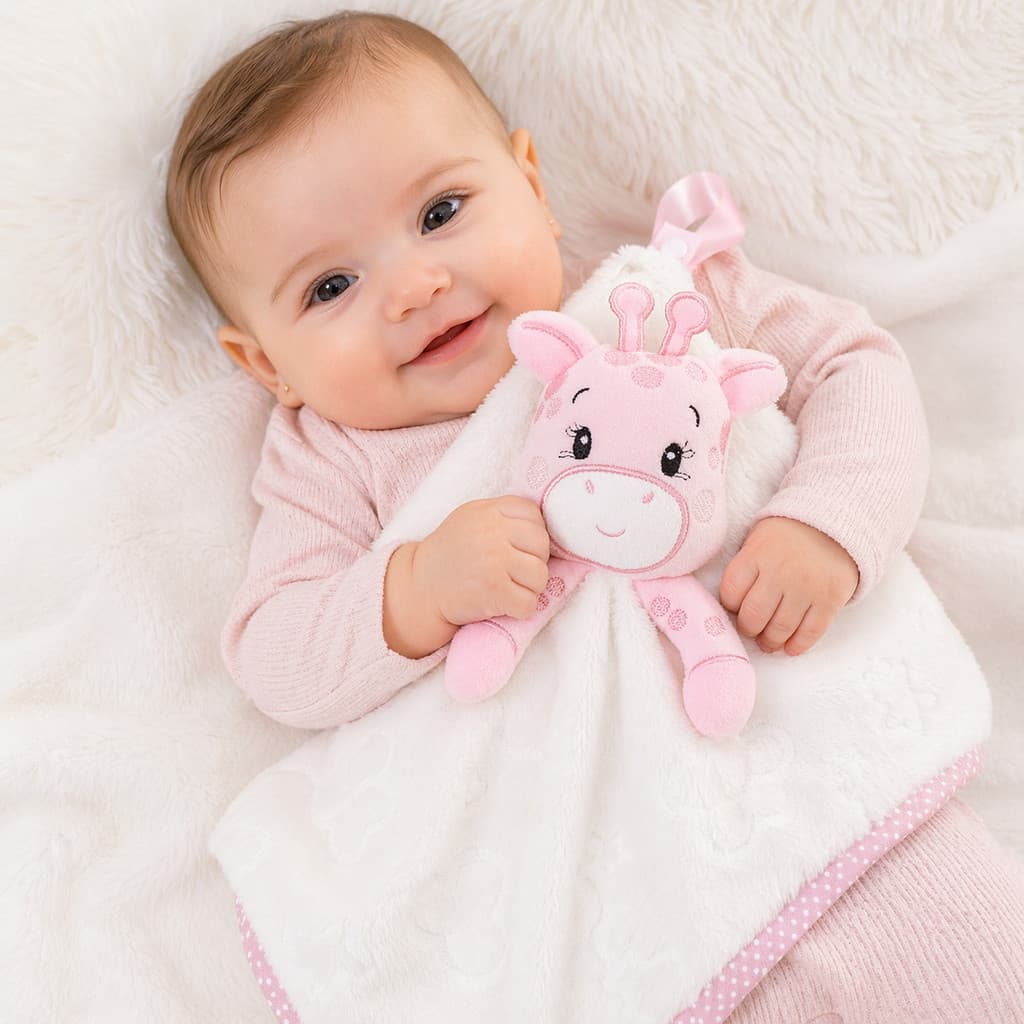 Naninha Bebê Girafa Rosa Pelúcia Macia 30cm com Prendedor de Chupeta Conforto Infantil Antialérgica Enxoval Bebê