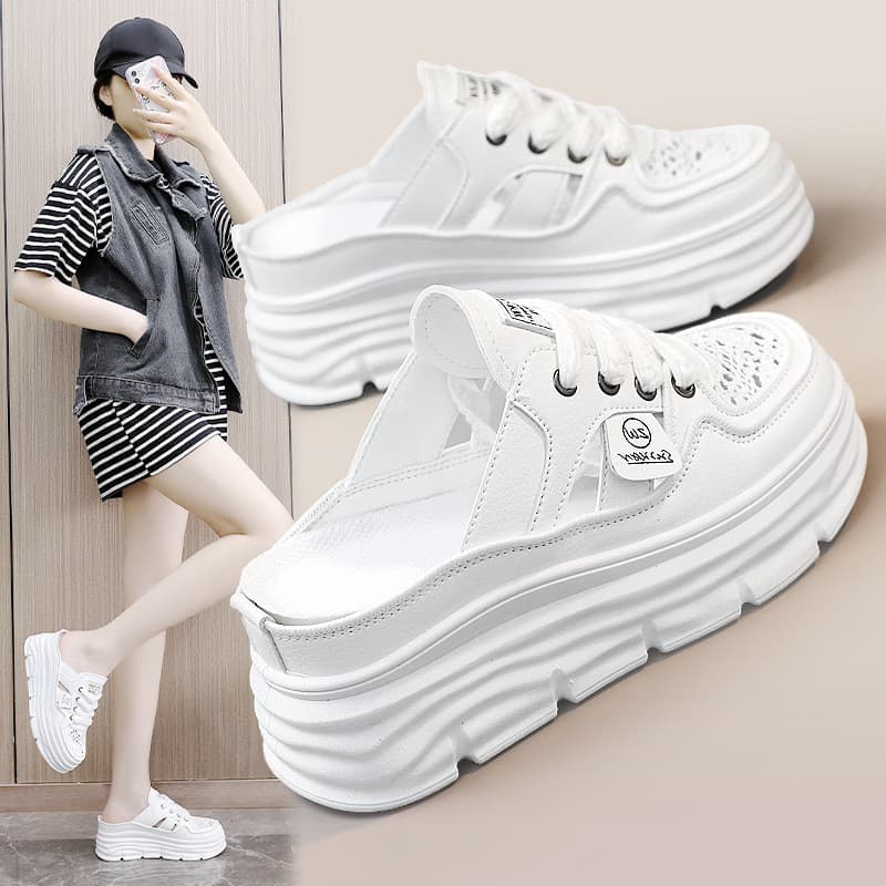 Sapatos femininos respiráveis superfície tecida oca aumento interno sola grossa tamanho grande Casual