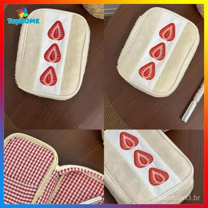 LAHB > Estojo De Lápis De Morango Bordado Fofo Portátil Caixa De Caneta De Papelaria Multifuncional Grande Capacidade Bo