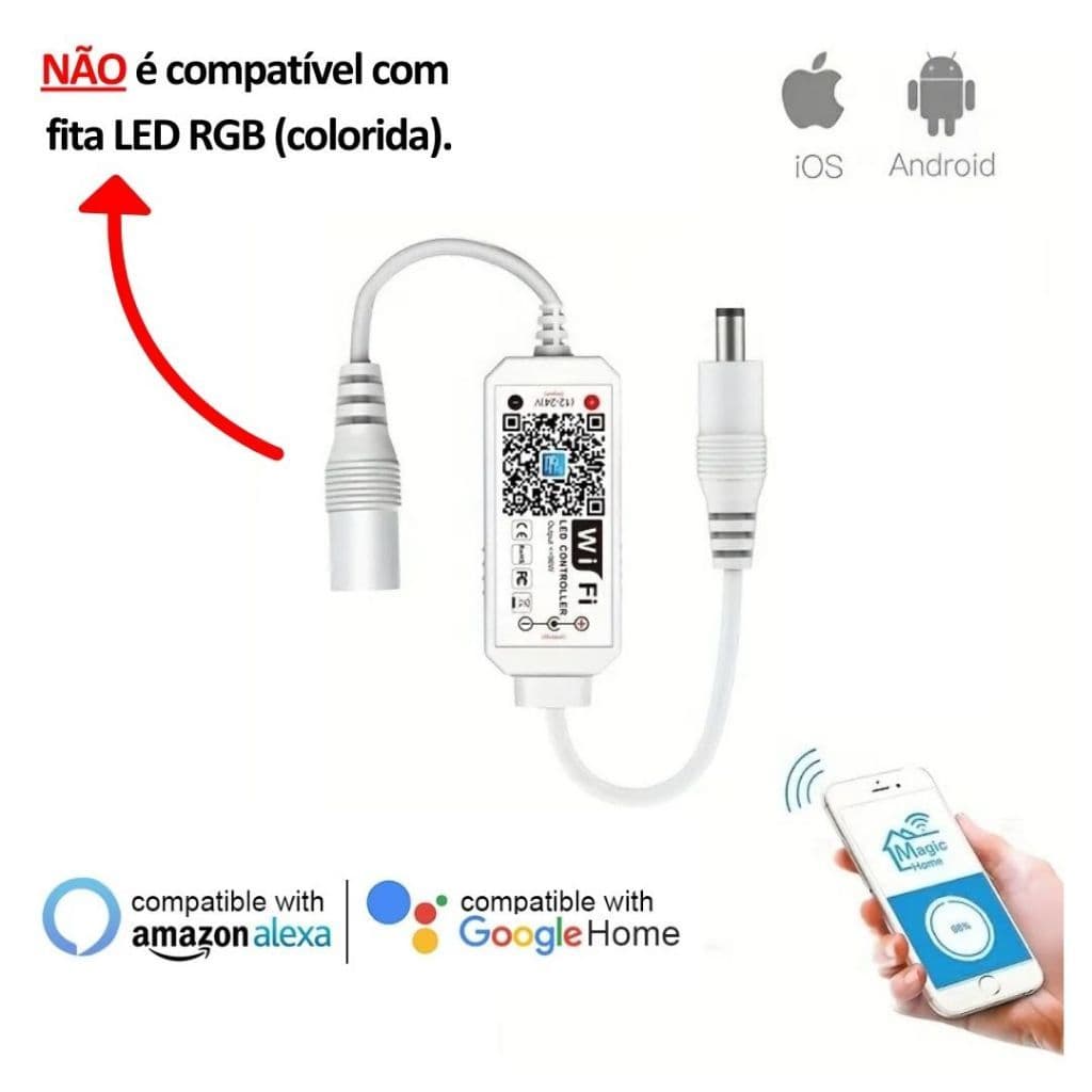 Controlador Dimmer Central Wifi Alexa Google Home App Android IOS Fita LED 12v 24v Uma Cor