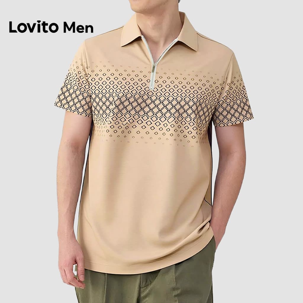 Lovito Men  Camisa Polo Casual Geométrica com Zíper Camisa Polo Primavera/verão para Homens LNE142510