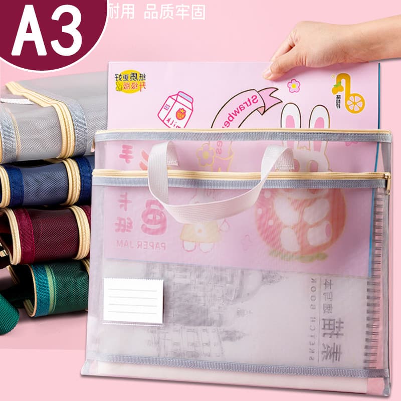Bolsa de arte A3 8K Bolsa de arquivo de grade transparente Bolsa de Tutorial portátil com zíper de camada dupla 8K Gaze